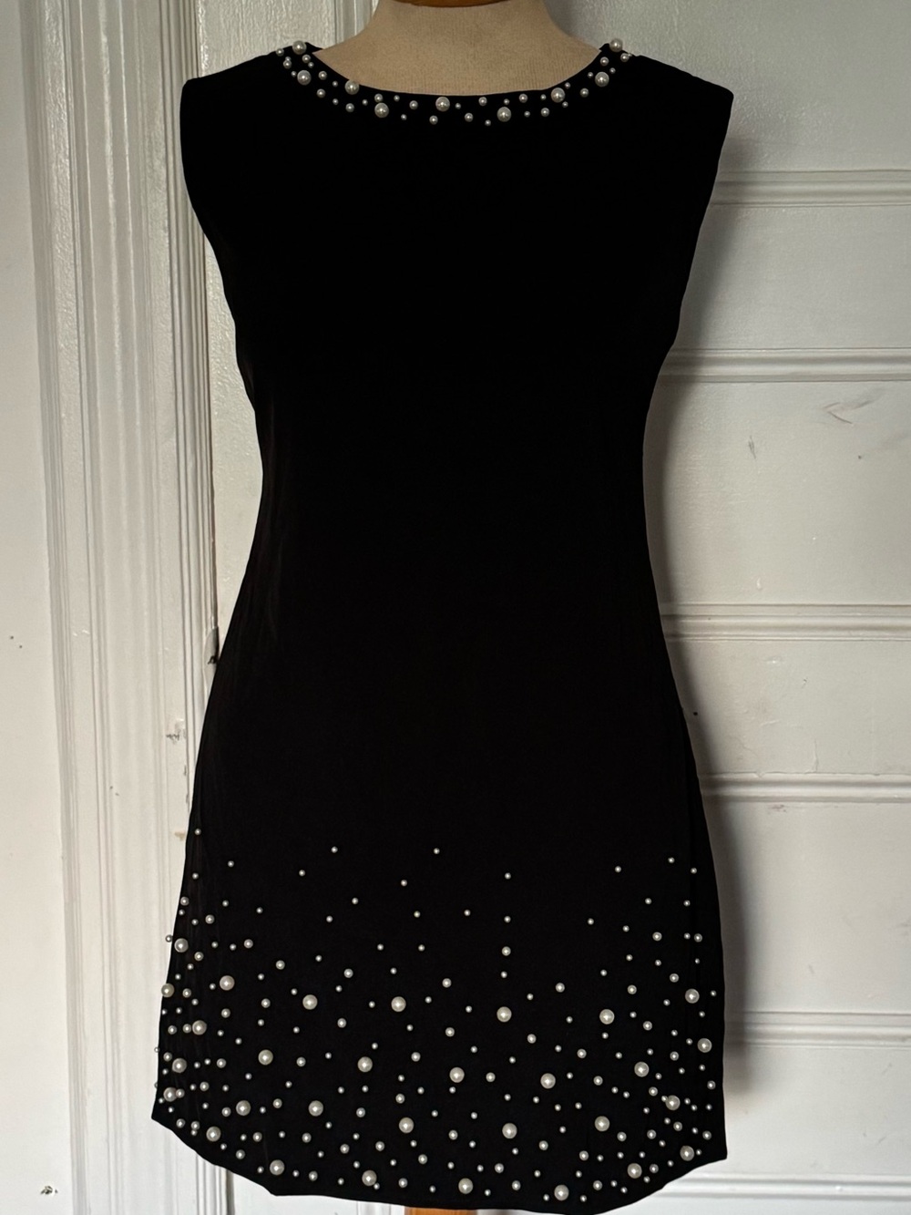 She + Sky Black Mini Dress with Pearl Embellishments